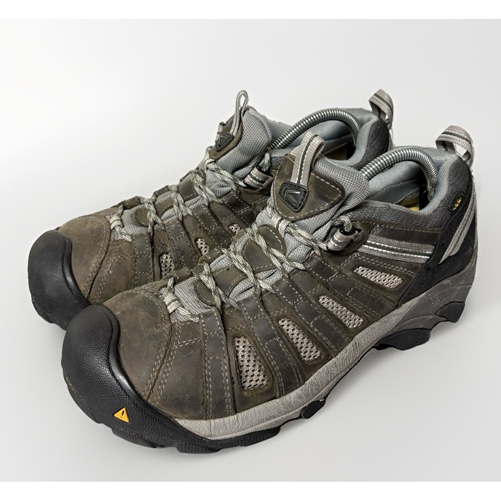 Keen Flint Steel Toe Work Shoe Mens 9.5D Gray Olive Lace Up Safety F2413-11